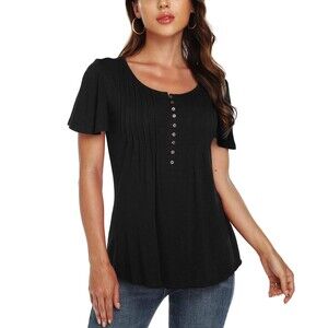 Henley Button Down Black Pleated Ruffle Short Sleeve Shirt Sz M